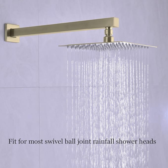 Square Shower Arm with Flange in Brushed Brass 16 Inch Wall Mounted Rainfall - Image 3