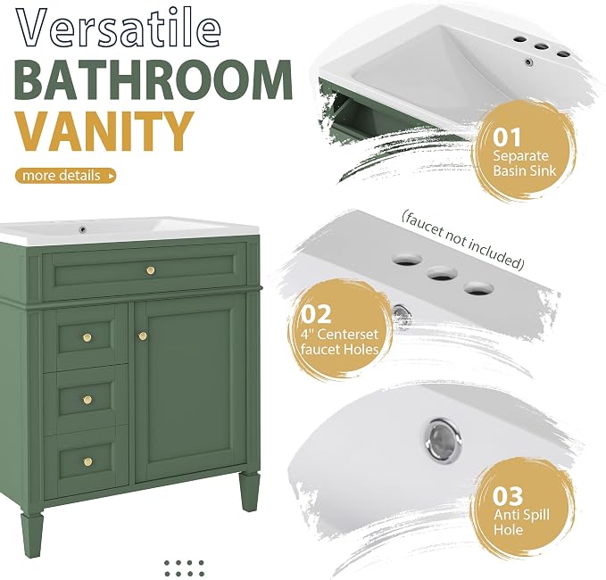 30" Bathroom Vanity with Matching Medicine Cabinet, Modern Sink Storage Cabinet - Image 5
