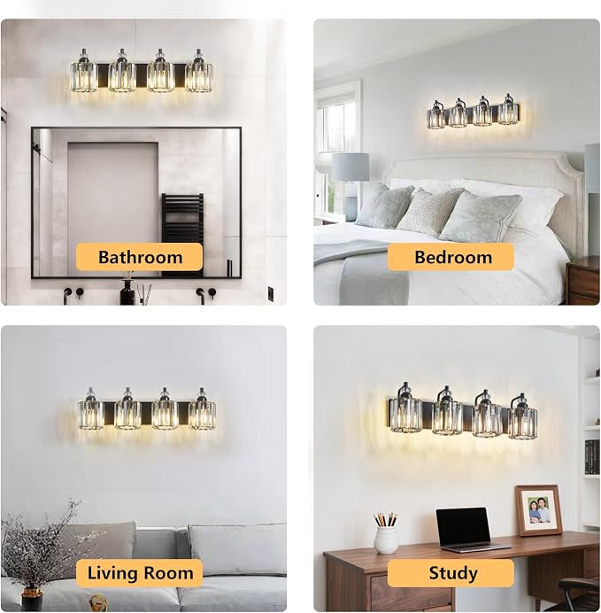 4-Light Black Bathroom Light Fixtures Over Mirror Modern Vanity Lights Crystal - Image 8