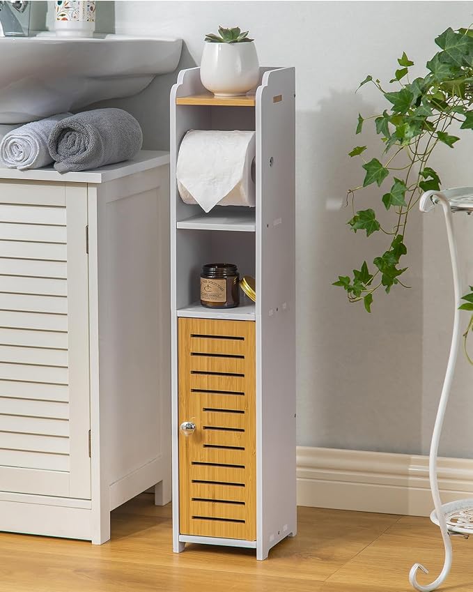 AOJEZOR Toilet Paper Holder Stand: Small Bathroom Storage Cabinet- White&Bamboo by AOJEZORBathroomCabinets