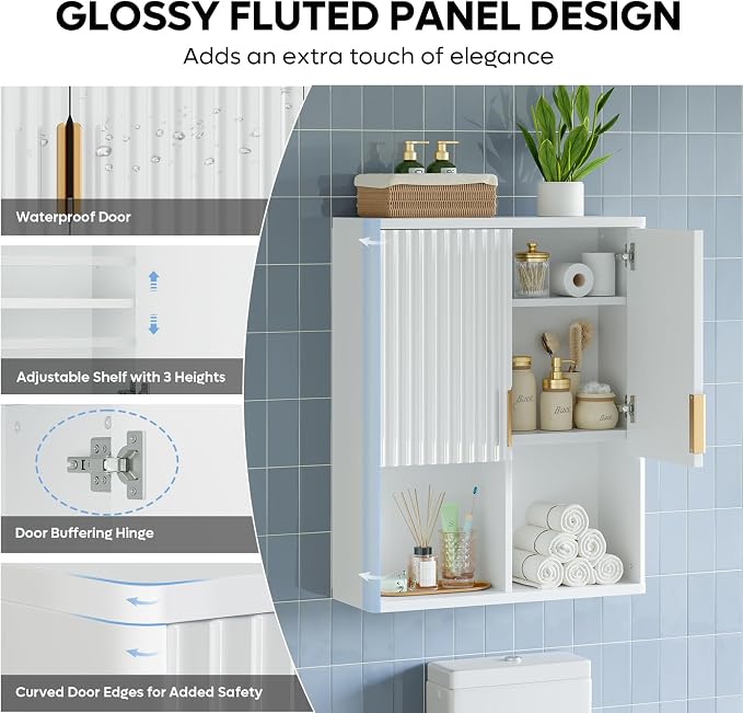 Bestier Fluted Bathroom Wall Cabinet Over The Toilet Storage, Laundry Cabinet - Image 4