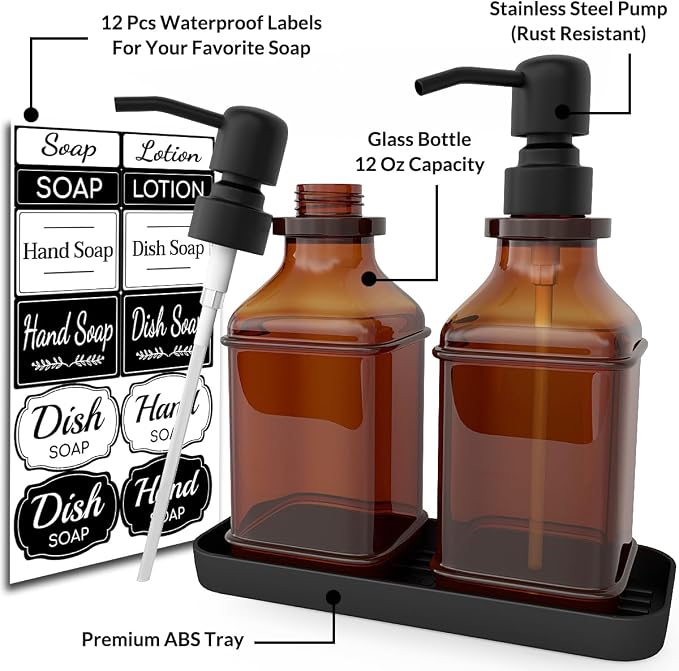 Soap Dispenser - 2 Pack, Antique Design Thick Amber Glass Hand Soap Dispensers - Image 2