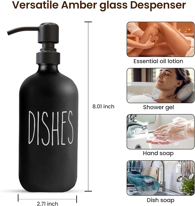 16 OZ Thick Black Glass Soap Dispenser, Matte Black Stainless Steel Pump 2 Pack - Image 3