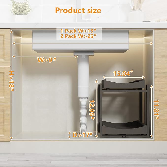 Bamboo Under Sink Organizer Adjustable Height 2 Tier Bathroom Organizer Pull - Image 2