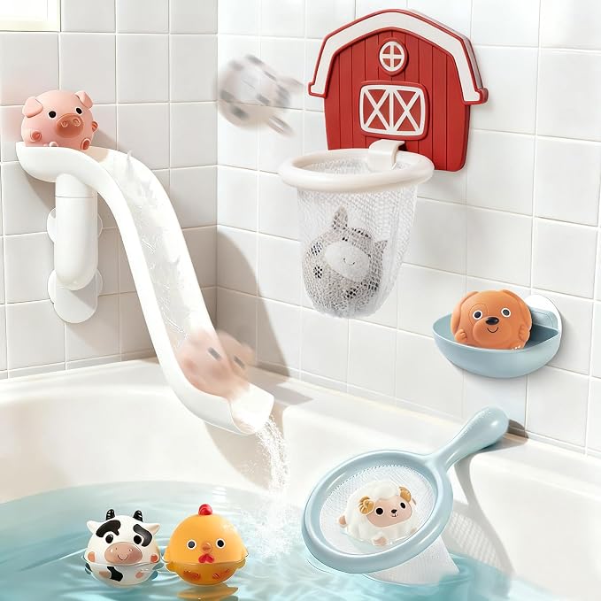 No-Hole Farm Bath Toys for Toddlers 1-3 | Slide, Basketball Hoop & 6 Animal Set by TXTLDB