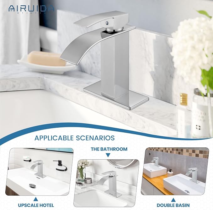 Airuida Chrome Polish Waterfall Spout Bathroom Faucet Single Handle Single Hole - Image 3