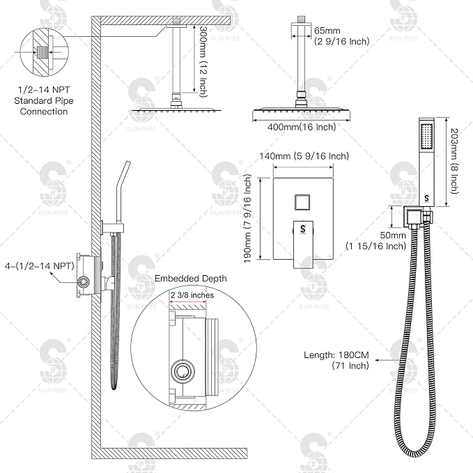 SR SUN RISE 16 Inches Polished Chrome Shower Faucet System Bathroom Luxury Rain - Image 8
