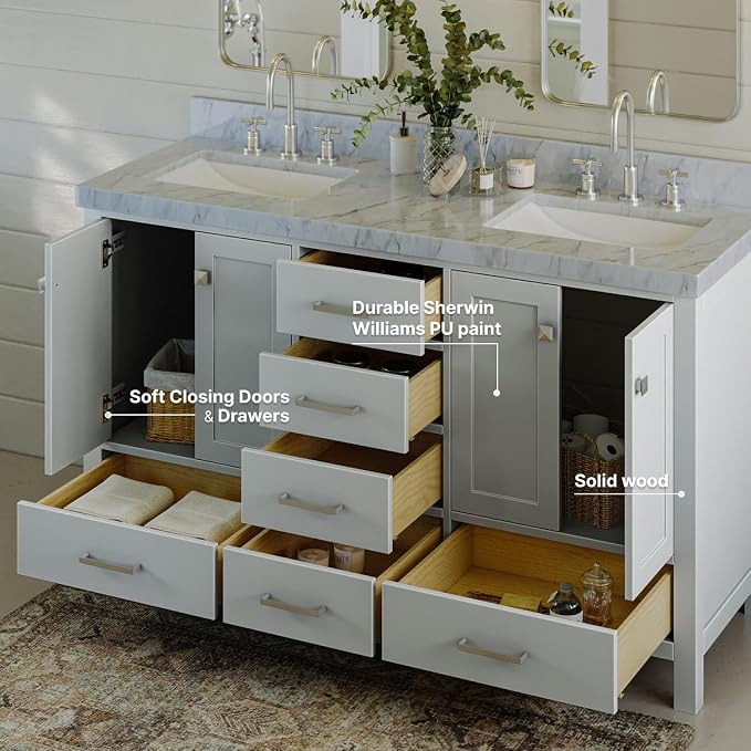 ARIEL Cambridge 60 Inch Grey Bathroom Vanity Double Sink, Solid Wood, Carrara - Image 9