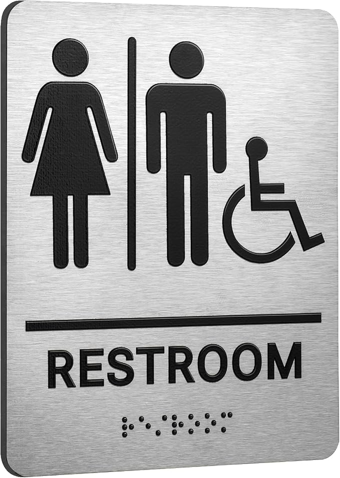 Restroom Sign, Brushed Aluminum ADA Raised Braille Restroom Signage by Gorlary