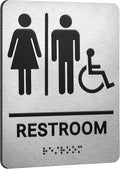 Restroom Sign, Brushed Aluminum ADA Raised Braille Restroom Signage by Gorlary