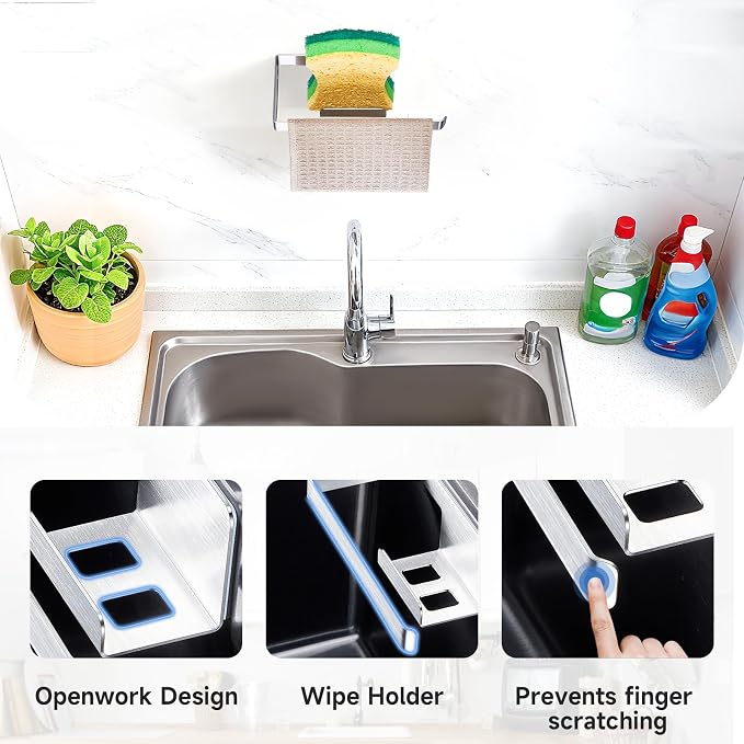 Sponge and Dish Cloth Holder for Kitchen Sink, 2 in 1 Adhesive Sink Dish Sponge - Image 4