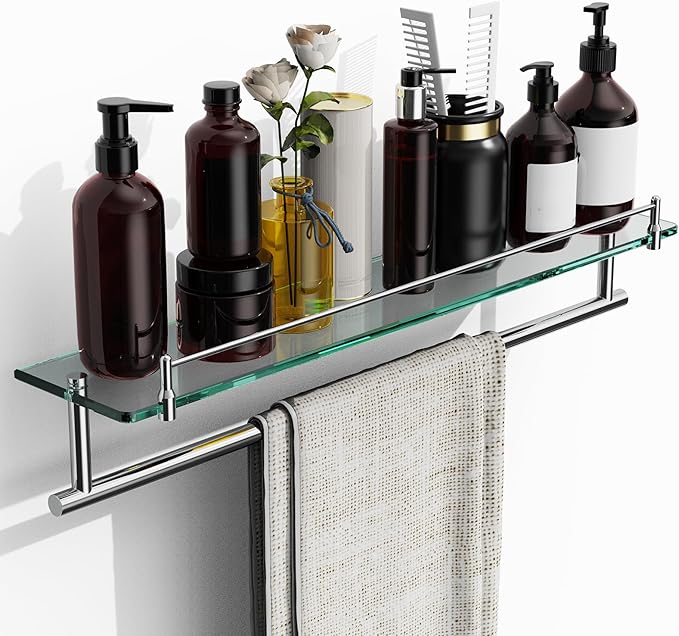 24-Inch Towel Rack with Shelves Tempered Glass Bathroom Shelves with Bar by HOMELIFE