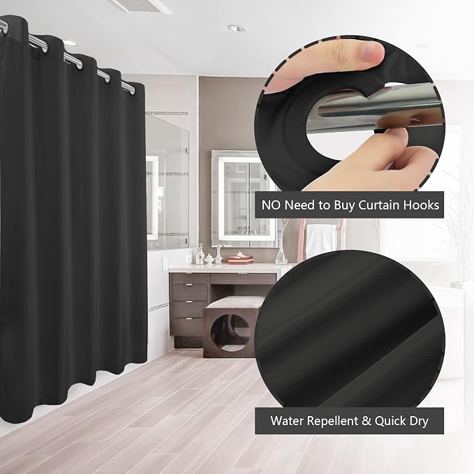 River Dream Extra Long No Hook Black Shower Curtain or Liner Soft Microfiber - Image 2