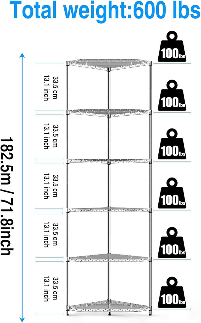 Silver 6 Tier NSF Metal Pentagonal Corner Wire Shelving Units, 600lbs Storage - Image 3