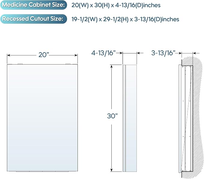 WELLFOR 20" x 30" Bathroom Medicine Cabinet, Anodized Chrome Aluminum Frame - Image 2