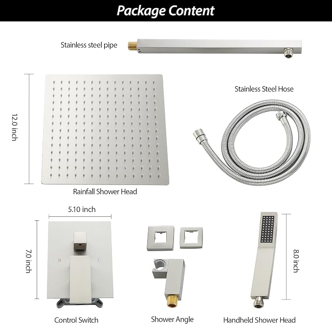 Lordear Rain Shower System 12 Inch Wall Mounted Shower Faucet Set, Brushed - Image 6