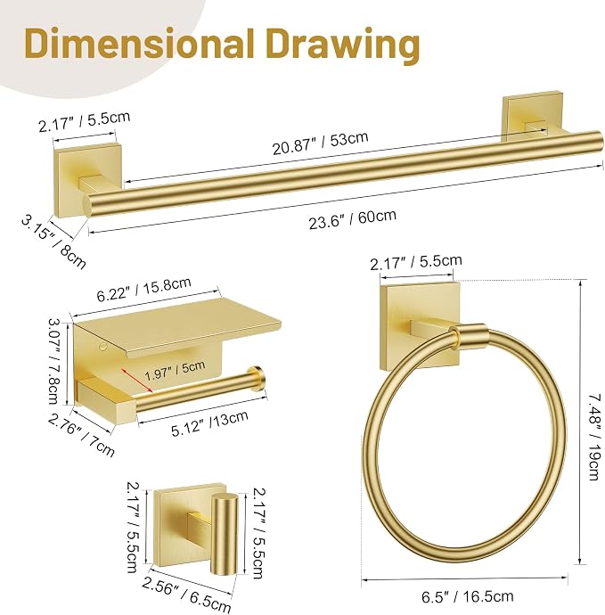 5 Pieces Brushed Gold Bathroom Hardware Set, SUS304 Stainless Steel Bathroom - Image 7