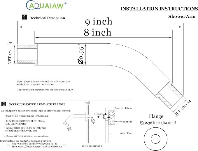 Aquaiaw Shower Arm and O-Ring Flange, 8 inch, Solid Brass, Brushed Gold - Image 6