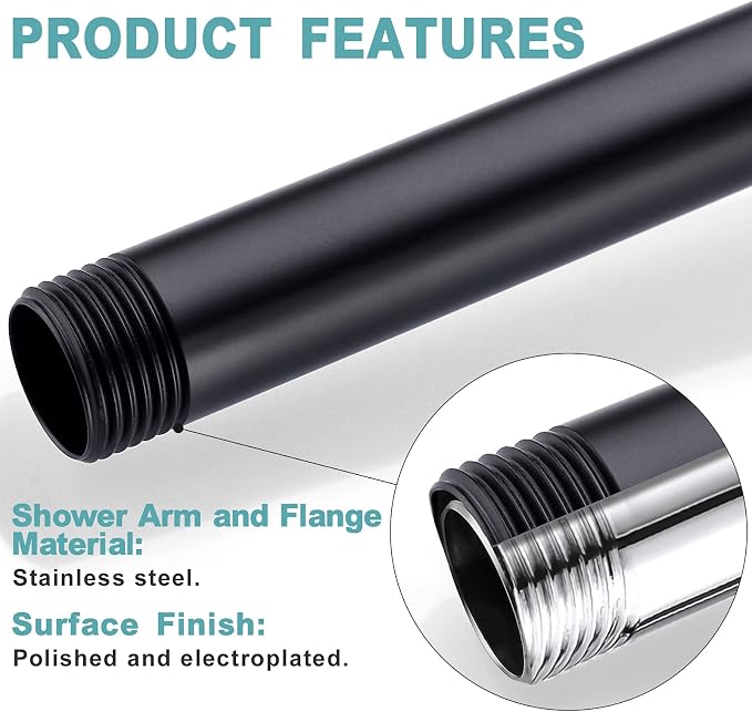 BESTILL 16 Inch Ceiling Mount Rain Shower Head Arm and Flange, Matte Black - Image 4