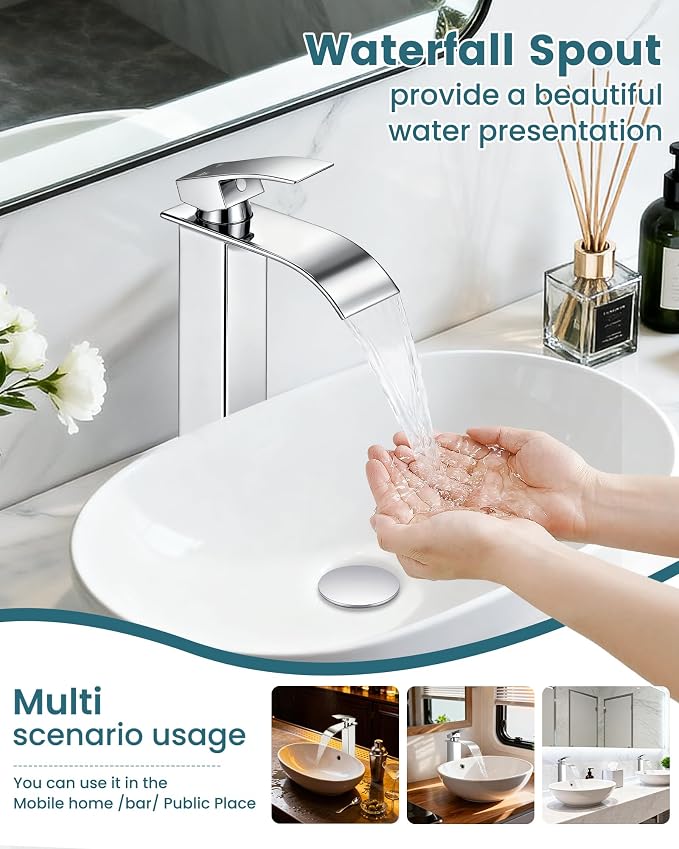 LIFG Chrome Vessel Sink Faucet, Tall Waterfall Bathroom Faucet, Single Handle - Image 2