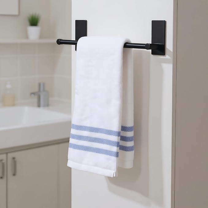 Songtec Adhesive Towel Bar Black 16-Inch, Stick On Bath Towel Rack No Drill - Image 2