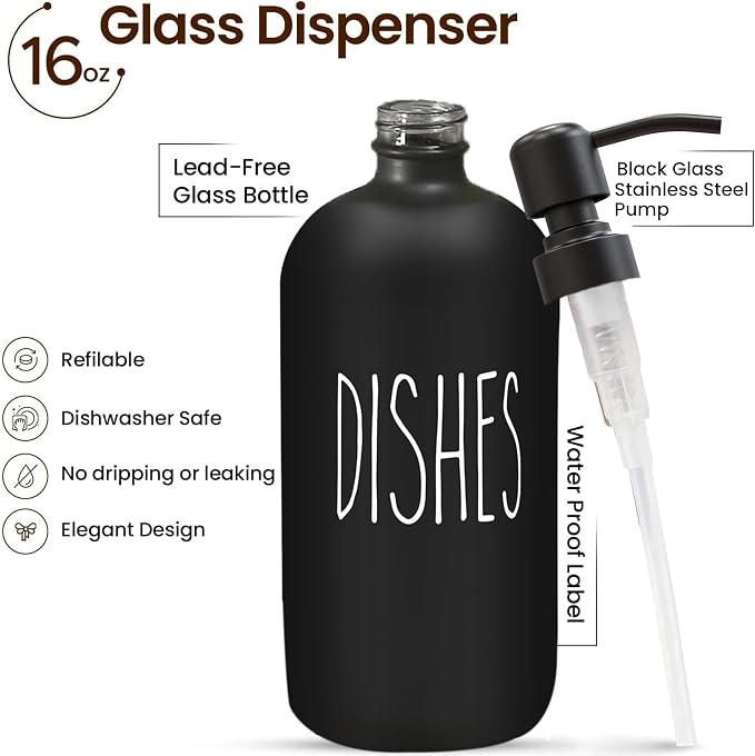 16 OZ Thick Black Glass Soap Dispenser, Matte Black Stainless Steel Pump 2 Pack - Image 2