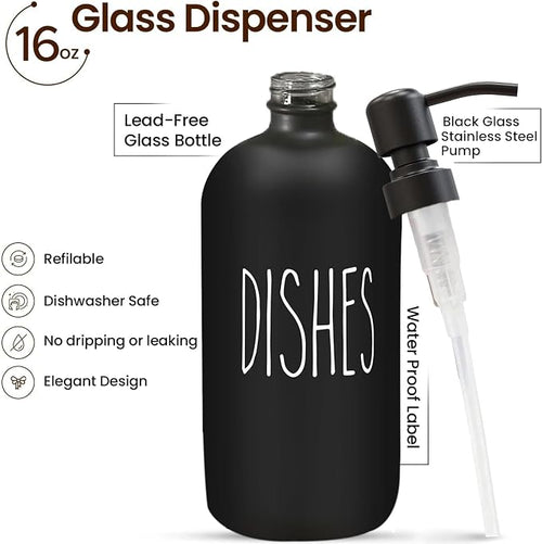 16 OZ Thick Black Glass Soap Dispenser, Matte Black Stainless Steel Pump 2 Pack - Image 2