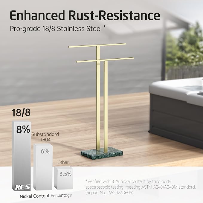 KES Standing Towel Rack with Green Natural Marble Base, 2-Tier Luxury Bath - Image 4