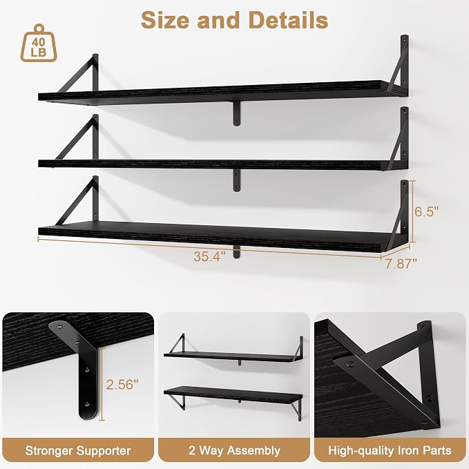 Fun Memories Floating Shelves for Wall, 36 Inches Long Set of 3 Wall Shelves - Image 2