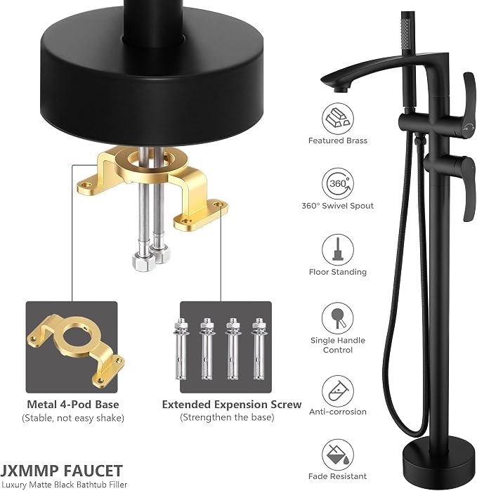 Freestanding Bathtub Faucets, Matte Black Stainless Steel Floor Mount Tub Filler - Image 3