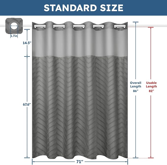 No Hook Shower Curtain and Snap in Liner Set Grey Tufted Chevron Striped Cloth - Image 5