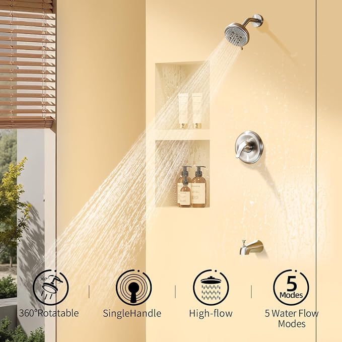 KINSE Tub Shower Faucet Set, 5-Inch Rain Shower Head and Tub Spout Single-Handle - Image 2