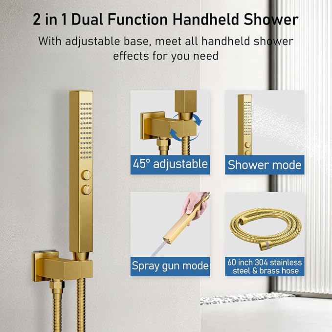 Brushed Gold Shower System, STARBATH Ceiling Mounted 12+8 Inch Rainfall Shower - Image 4