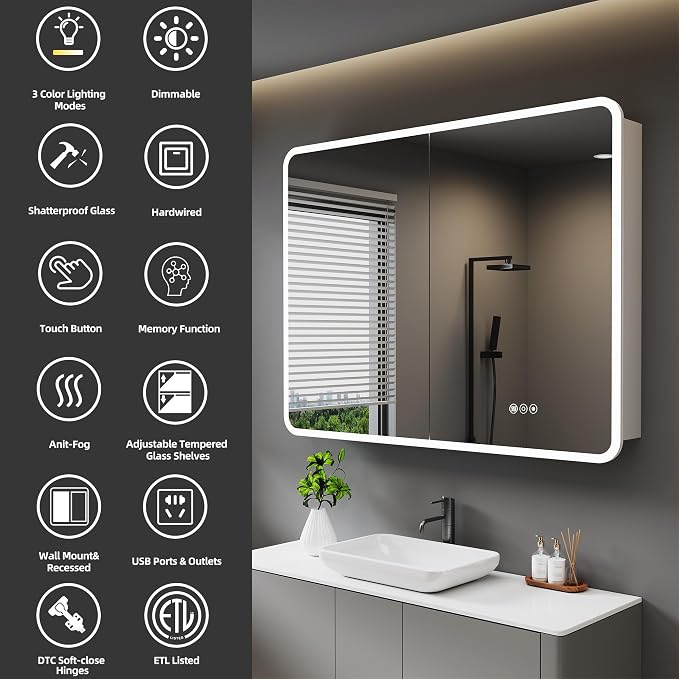 Medicine Cabinet with LED Lights and Mirror, 48 x 32 Inch Surface or Recessed - Image 3