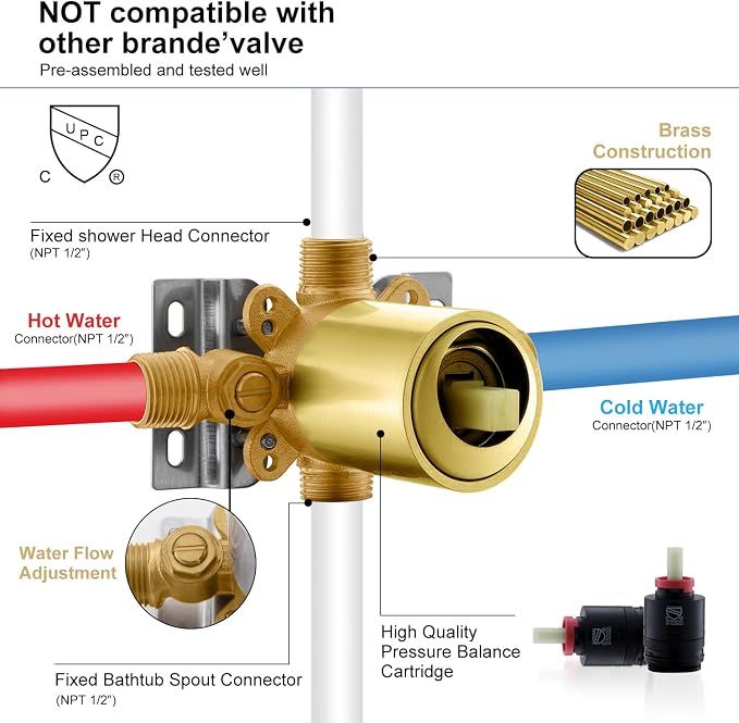 KENES Brushed Gold Tub and Shower Trim Kit, Square Tub Shower Faucet Set - Image 8