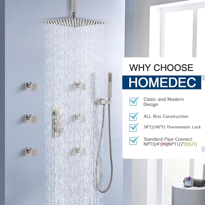 HOMEDEC Brushed Nickel 3 Way Shower Valve Thermostatic Anti-scald - Image 2