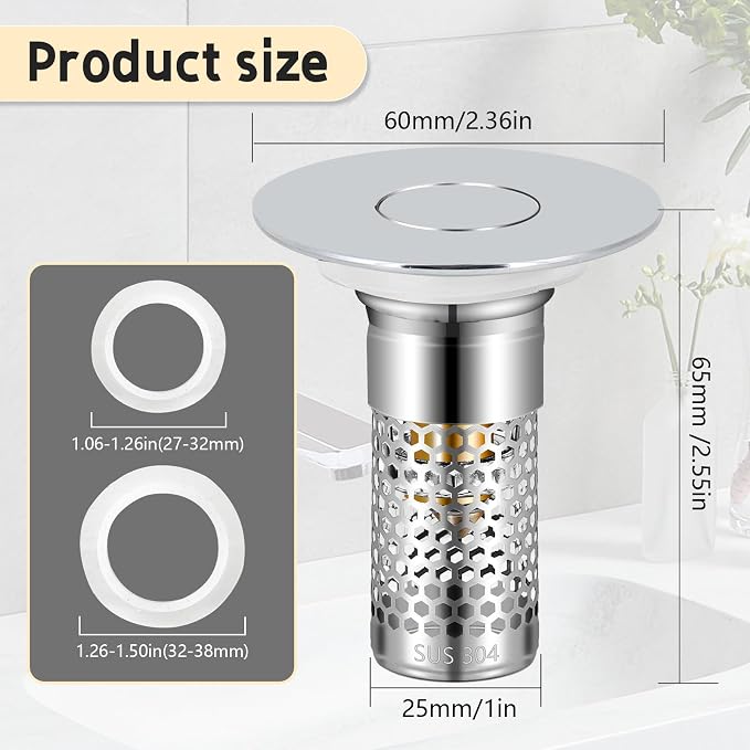 2Pack Bathroom Sink Stopper 1.06"-1.50", Universal Bathroom Sink Drain Pop Up - Image 3
