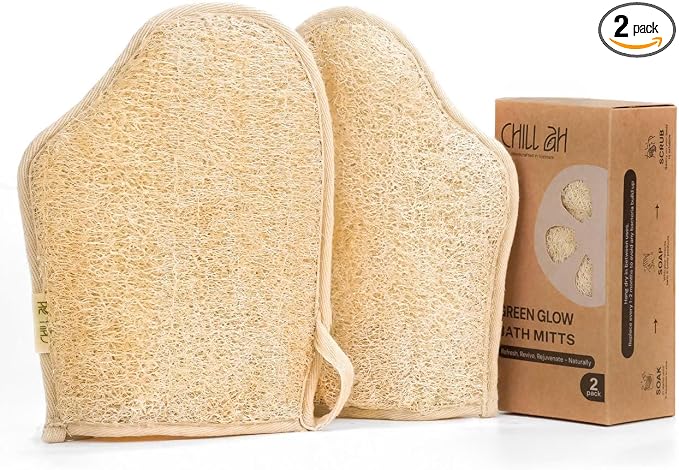 Chill Ah Green Glow Dual-Sided Loofah Bath Mitts – 100% Plant-Based, by ChillAh