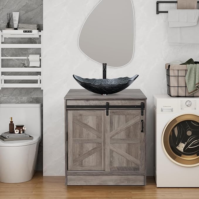 30" Barn Door Bathroom Vanity, Farmhouse Style Standing Pedestal Cabinet by Solidee