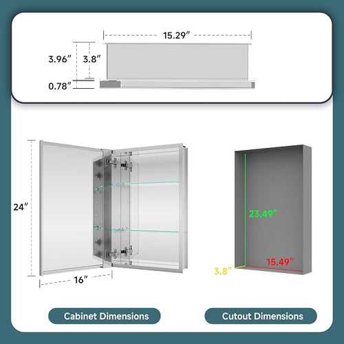 16"x24" Medicine Cabinet Mirror, Aluminum Silver Recessed Medicine Cabinet - Image 2