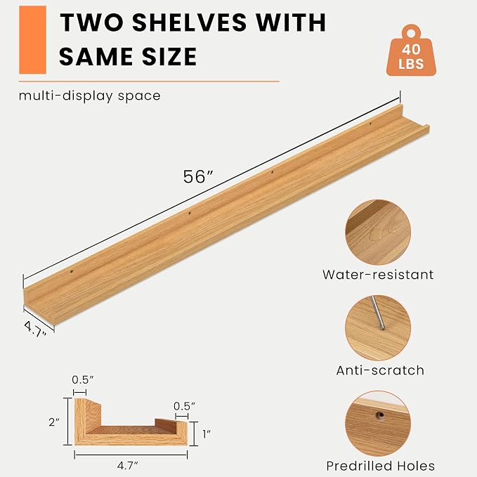 Heimlove Picture Ledge Shelf, Floating Shelves Set of 2, 56 Inches Picture Shelf - Image 3