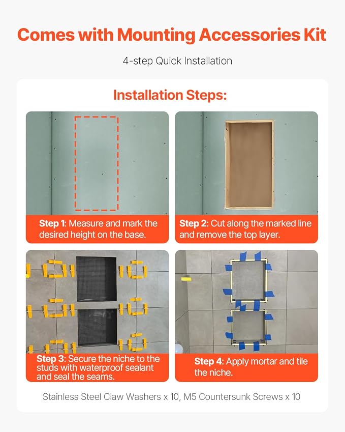 VEVOR Shower Niche, Modern Soap & Shampoo Storage Organizer, Square Corners - Image 7