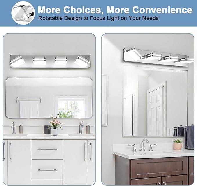 360° Rotate LED Dimmable Bathroom Vanity Light Fixtures, 1600LM Acrylic Chrome - Image 6