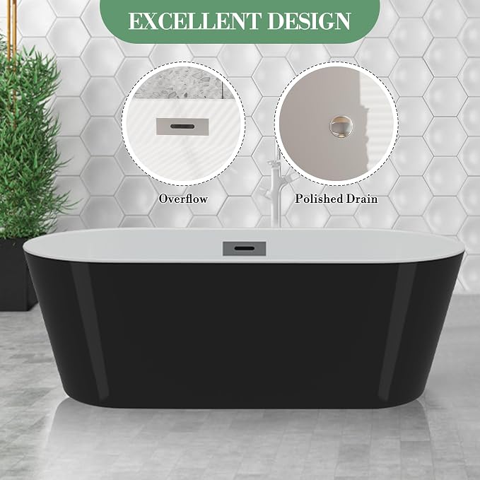 59" Deep Soaking Bathtub, Non-Slip Acrylic Tub - Image 4