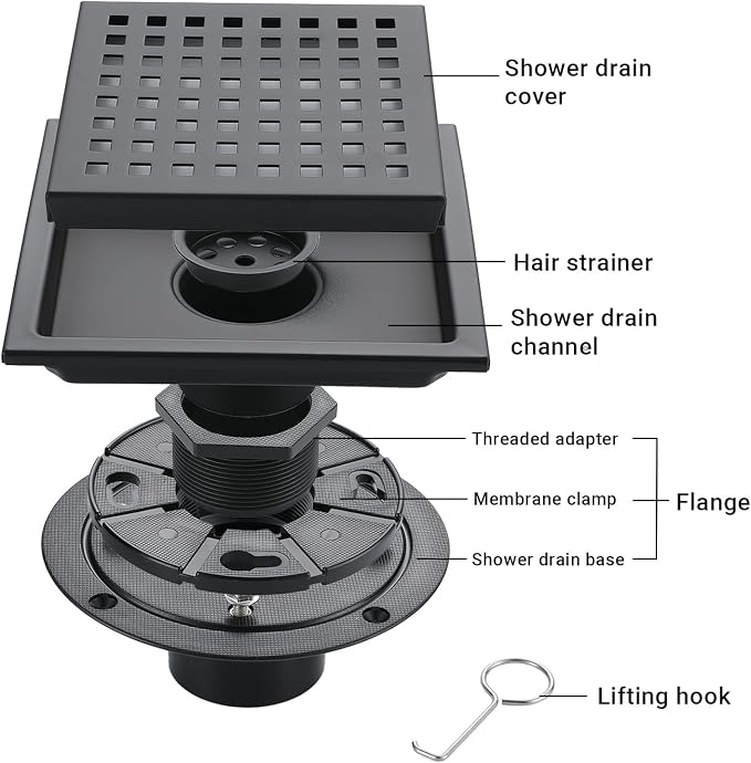 4 Inch Square Shower Floor Drain, Stainless Steel Black Shower Drain Kit - Image 3