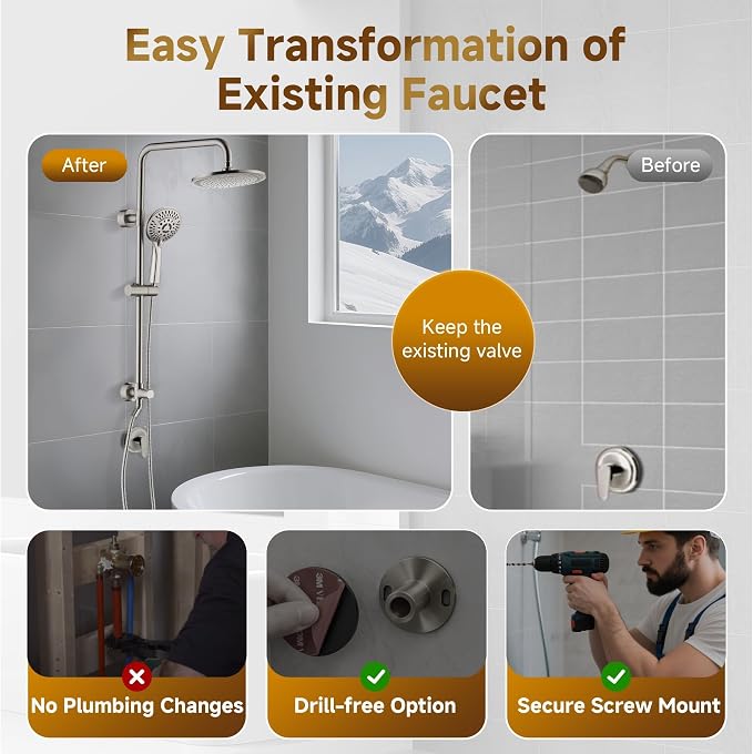 BRIGHT SHOWERS Rain Shower Heads System Including Rainfall Shower Head and - Image 6