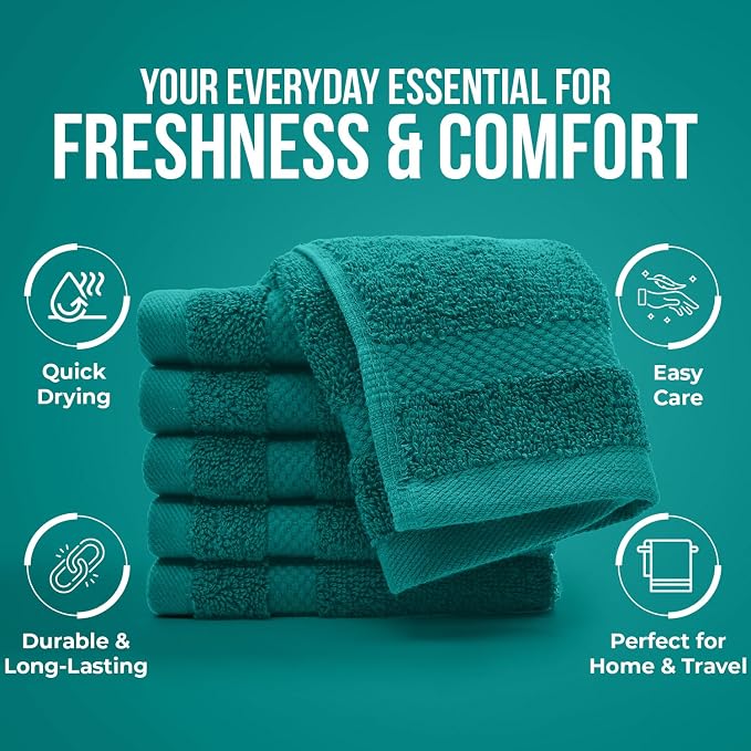DAN RIVER 12-Pack Premium 100% Cotton Teal Face Towels – Reusable Face Towel Set - Image 7