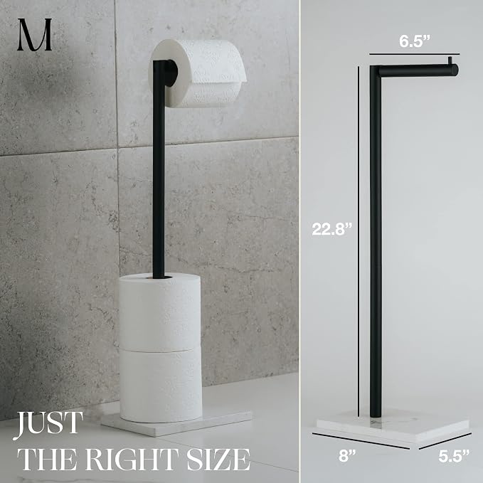 MARMOLUX ACC Free Standing Matte Black Toilet Paper Holder Stand White Marble - Image 4