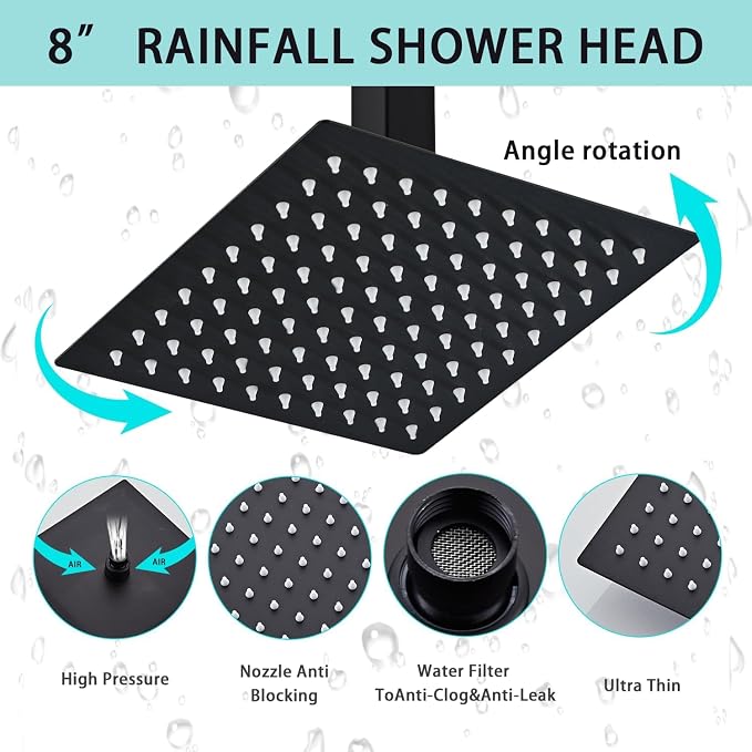 8 Inch Shower Faucet Set Ceiling Mount, High Pressure Rainfall Shower System - Image 2
