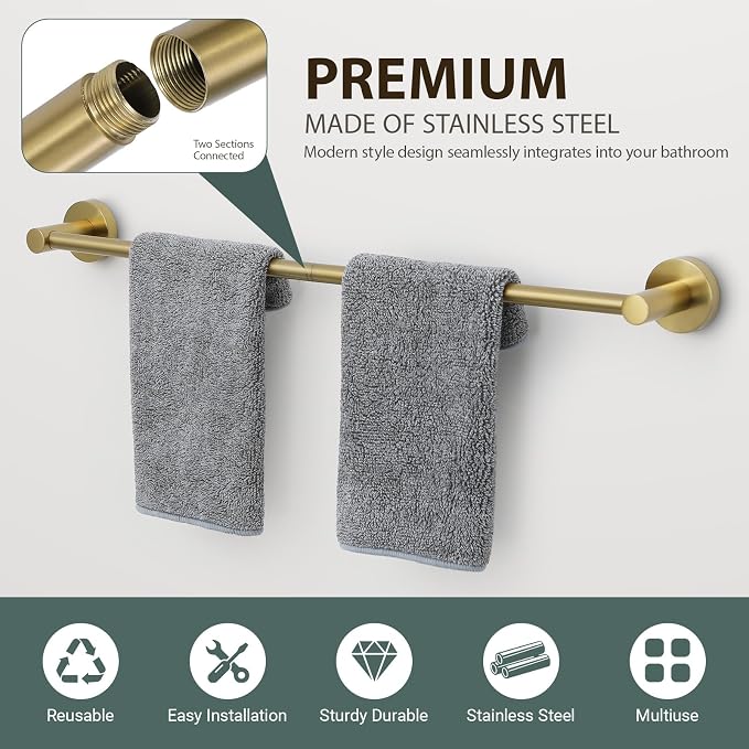 Brushed Gold Bathroom Hardware Set 4 Piece Towel bar Set, Towel Rack - Image 5